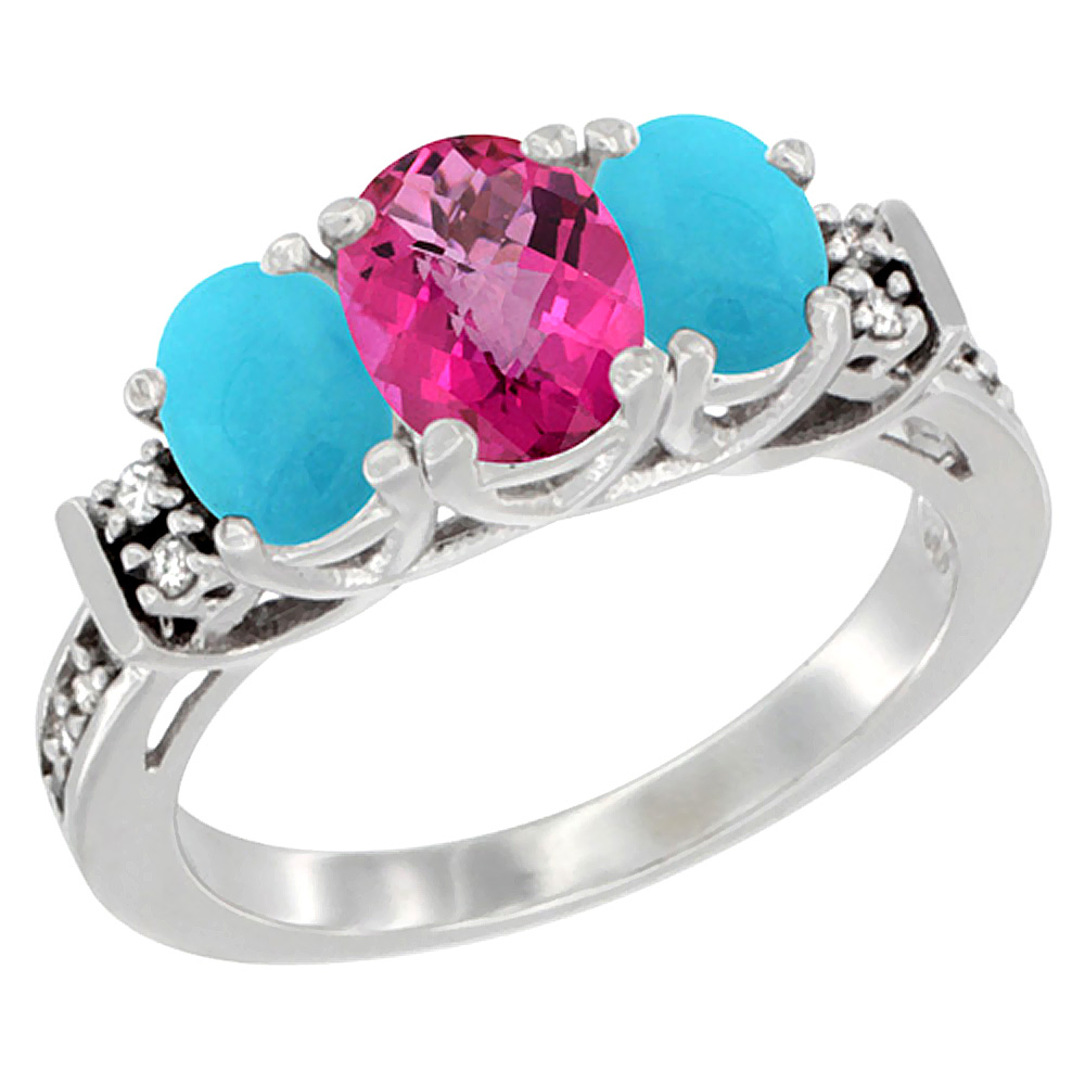 14K White Gold Natural Pink Topaz & Turquoise Ring 3-Stone Oval Diamond Accent, sizes 5-10