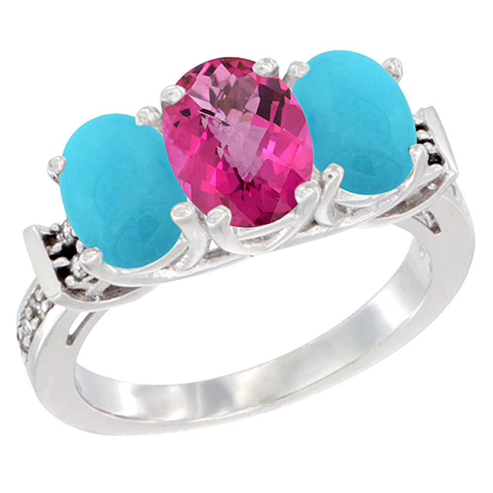 14K White Gold Natural Pink Topaz &amp; Turquoise Sides Ring 3-Stone Oval Diamond Accent, sizes 5 - 10