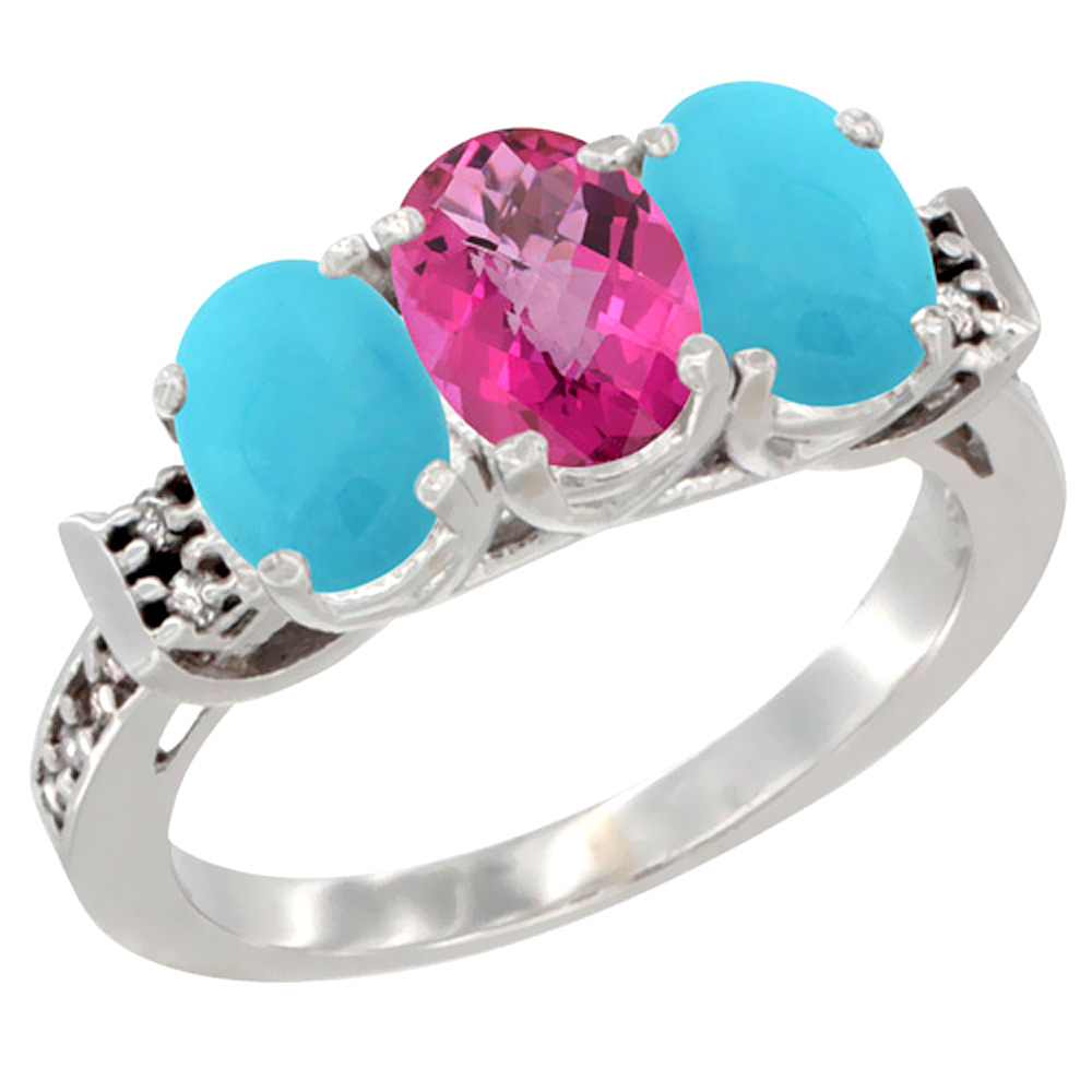 10K White Gold Natural Pink Topaz &amp; Turquoise Sides Ring 3-Stone Oval 7x5 mm Diamond Accent, sizes 5 - 10