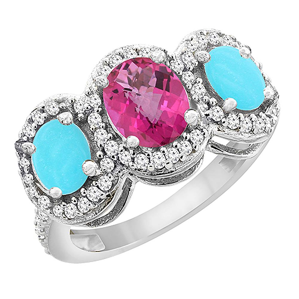 14K White Gold Natural Pink Sapphire & Turquoise 3-Stone Ring Oval Diamond Accent, sizes 5 - 10