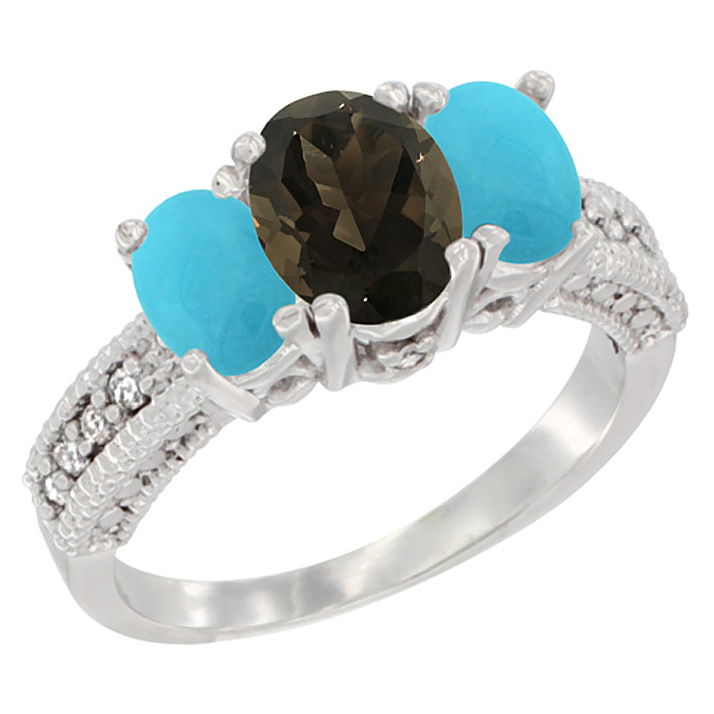 14K White Gold Diamond Natural Smoky Topaz Ring Oval 3-stone with Turquoise, sizes 5 - 10