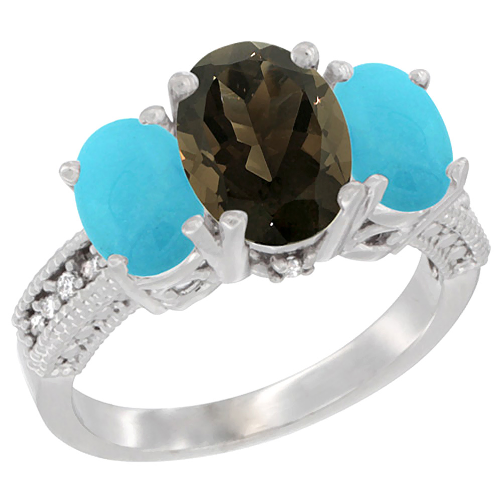 10K White Gold Diamond Natural Smoky Topaz Ring 3-Stone Oval 8x6mm with Turquoise, sizes5-10