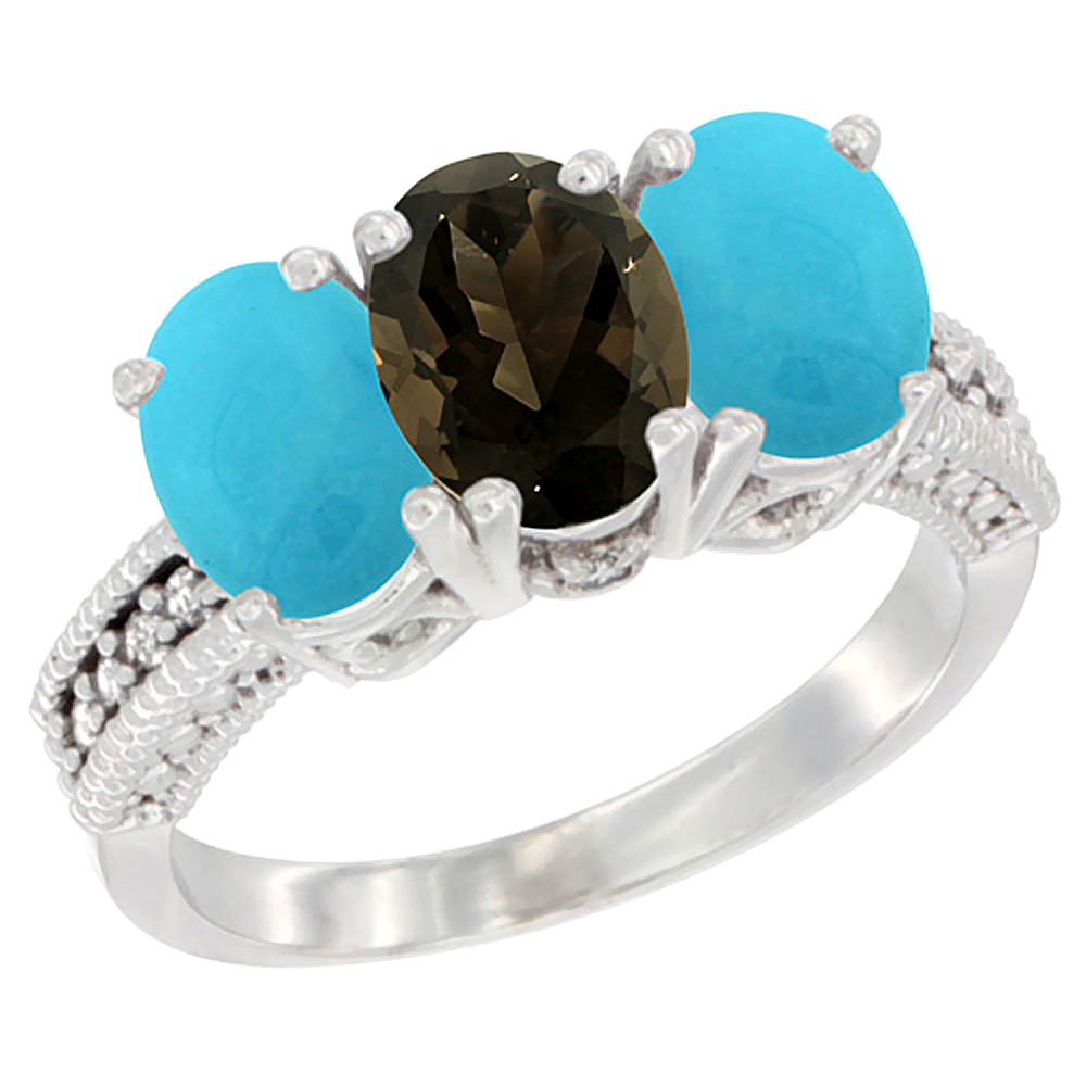 10K White Gold Diamond Natural Smoky Topaz &amp; Turquoise Ring 3-Stone 7x5 mm Oval, sizes 5 - 10