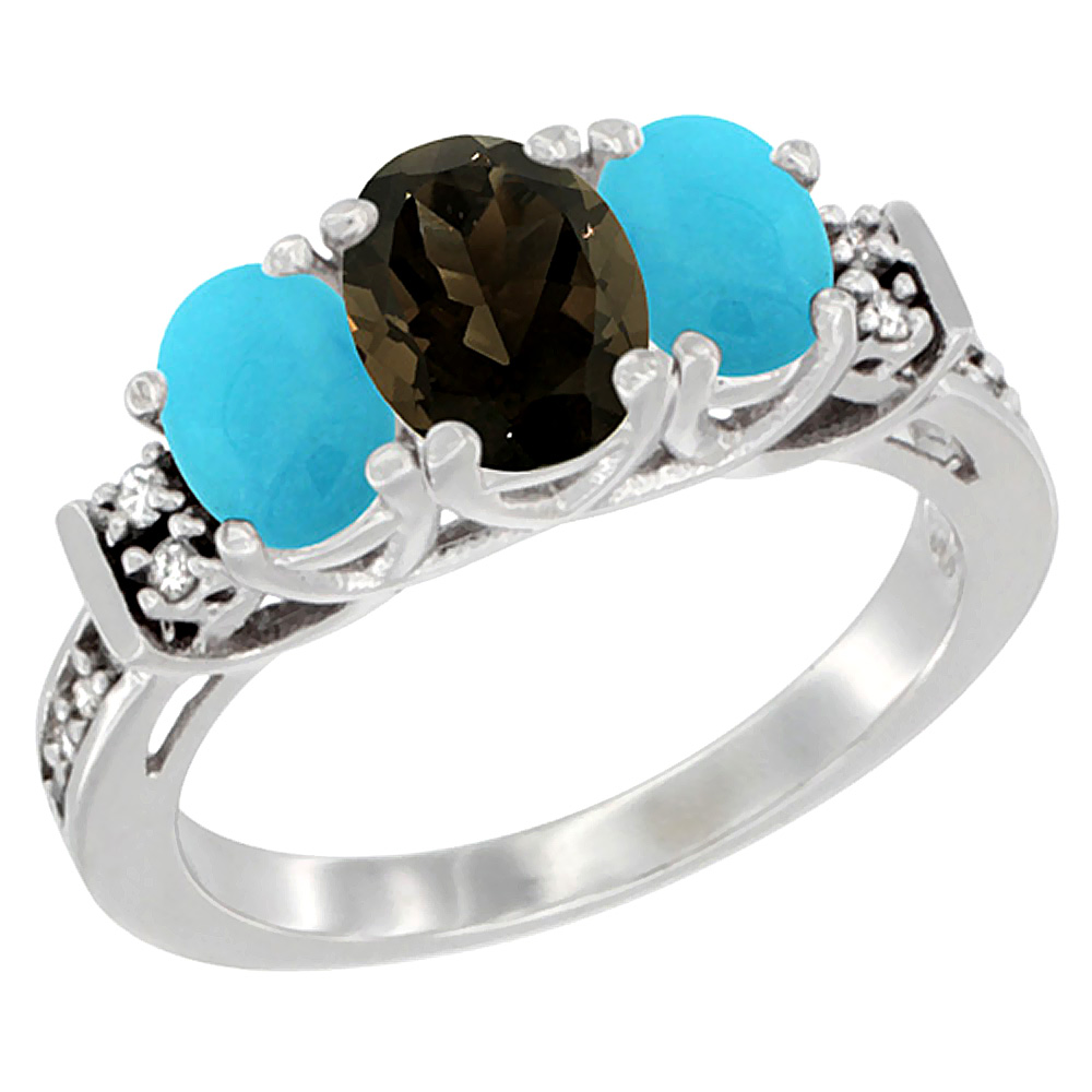 14K White Gold Natural Smoky Topaz & Turquoise Ring 3-Stone Oval Diamond Accent, sizes 5-10