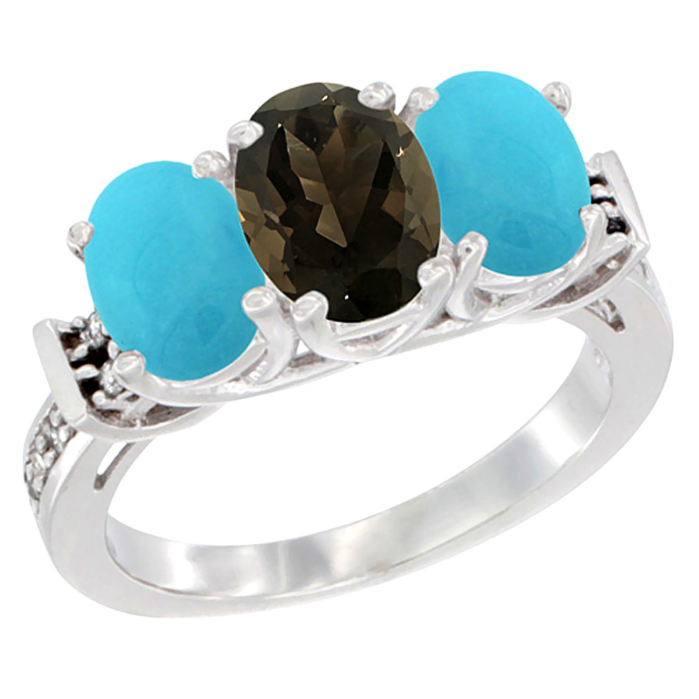 14K White Gold Natural Smoky Topaz & Turquoise Sides Ring 3-Stone Oval Diamond Accent, sizes 5 - 10