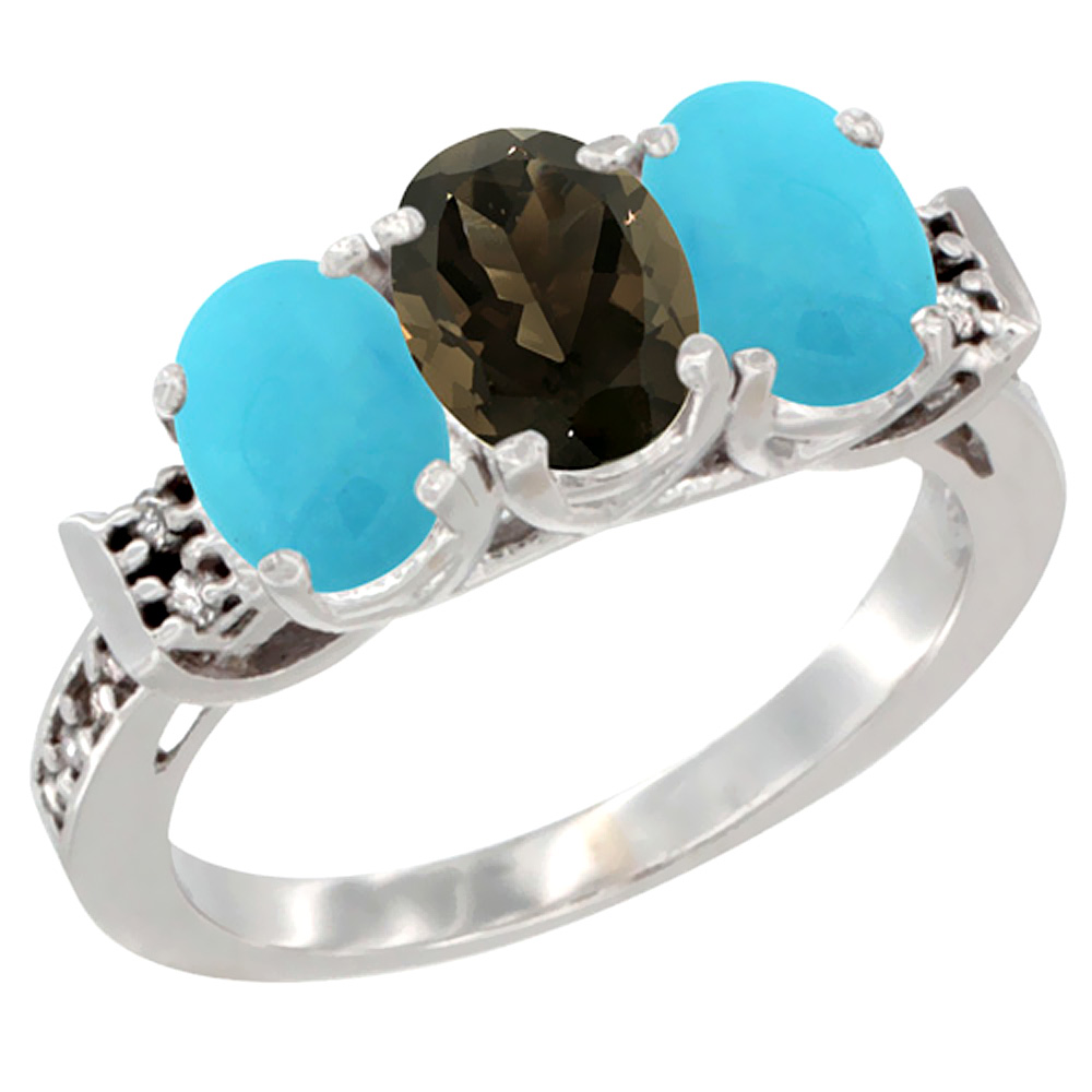 14K White Gold Natural Smoky Topaz &amp; Turquoise Sides Ring 3-Stone Oval 7x5 mm Diamond Accent, sizes 5 - 10