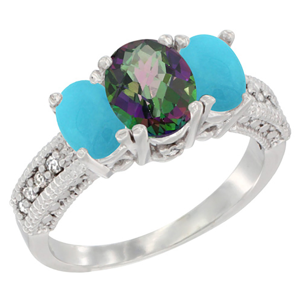 10K White Gold Diamond Natural Mystic Topaz Ring Oval 3-stone with Turquoise, sizes 5 - 10