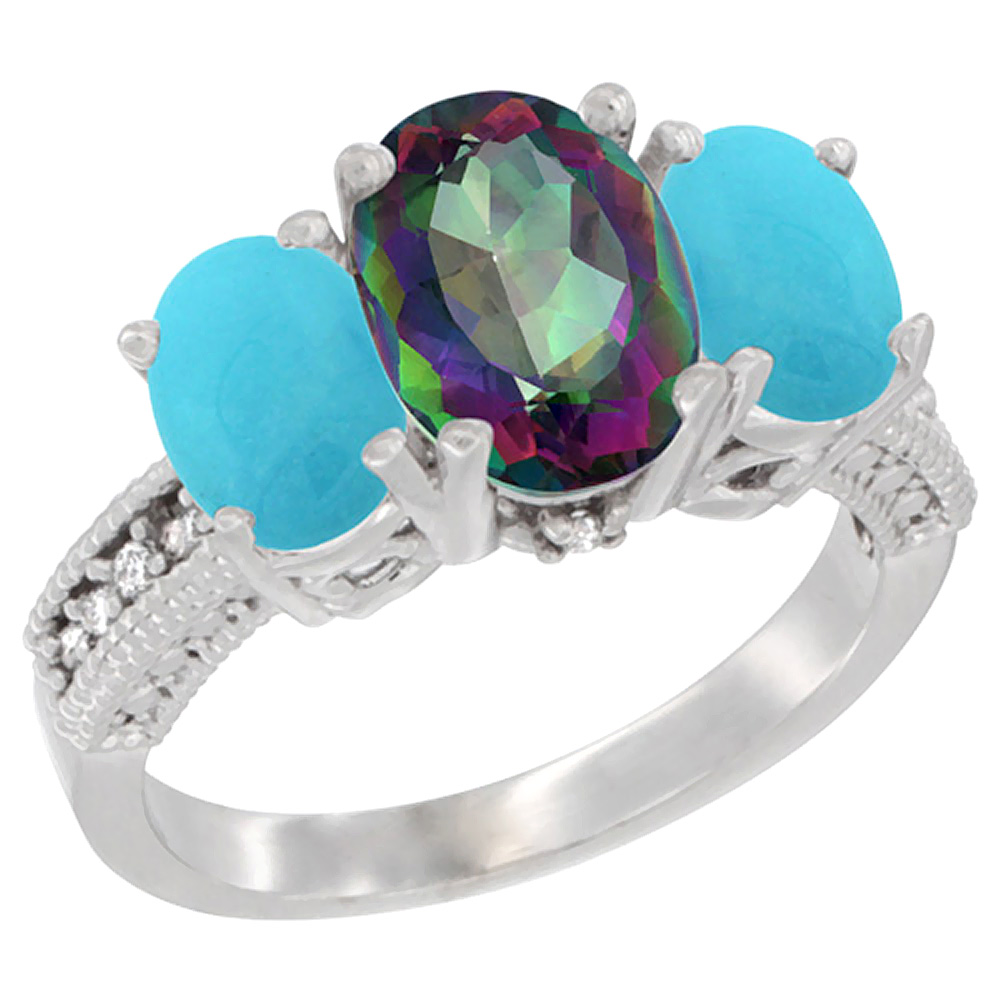 10K White Gold Diamond Natural Mystic Topaz Ring 3-Stone Oval 8x6mm with Turquoise, sizes5-10