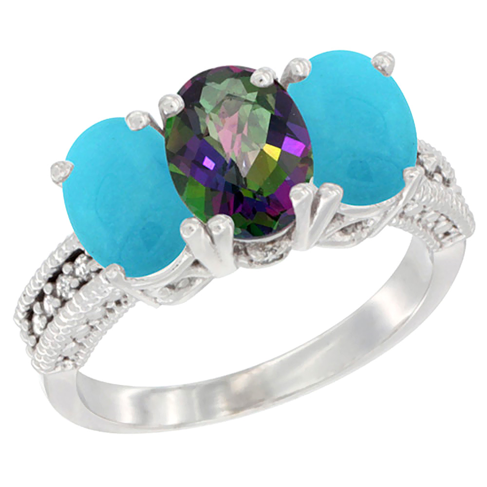 14K White Gold Natural Mystic Topaz & Turquoise Sides Ring 3-Stone 7x5 mm Oval Diamond Accent, sizes 5 - 10