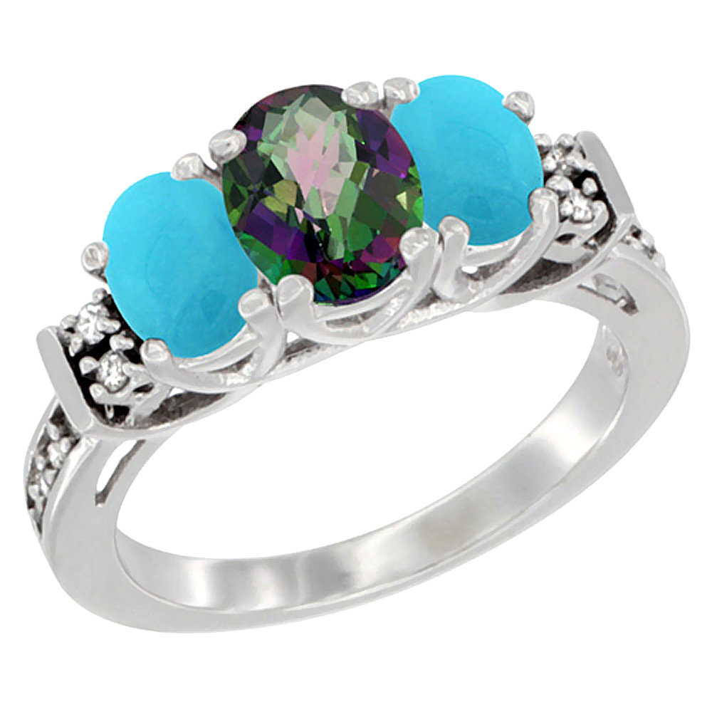 14K White Gold Natural Mystic Topaz &amp; Turquoise Ring 3-Stone Oval Diamond Accent, sizes 5-10