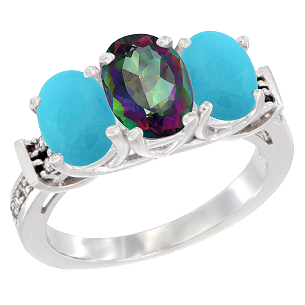 10K White Gold Natural Mystic Topaz & Turquoise Sides Ring 3-Stone Oval Diamond Accent, sizes 5 - 10