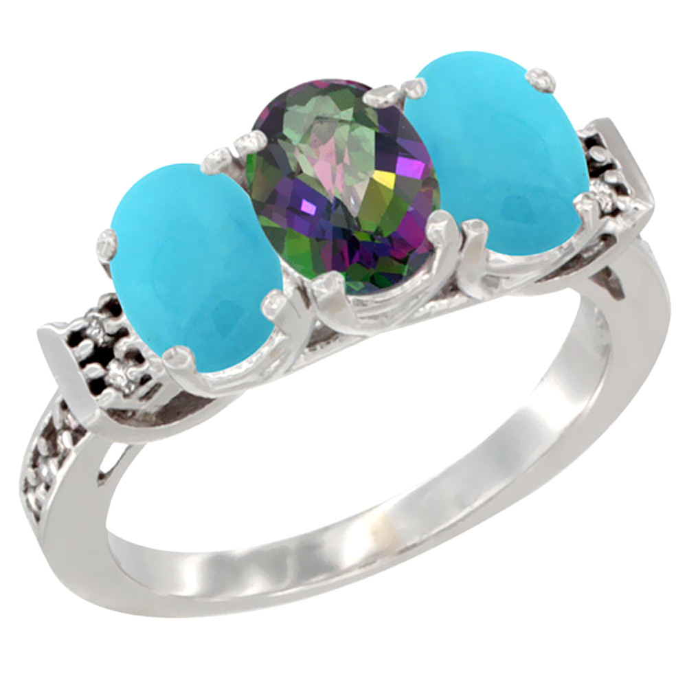 14K White Gold Natural Mystic Topaz &amp; Turquoise Sides Ring 3-Stone Oval 7x5 mm Diamond Accent, sizes 5 - 10