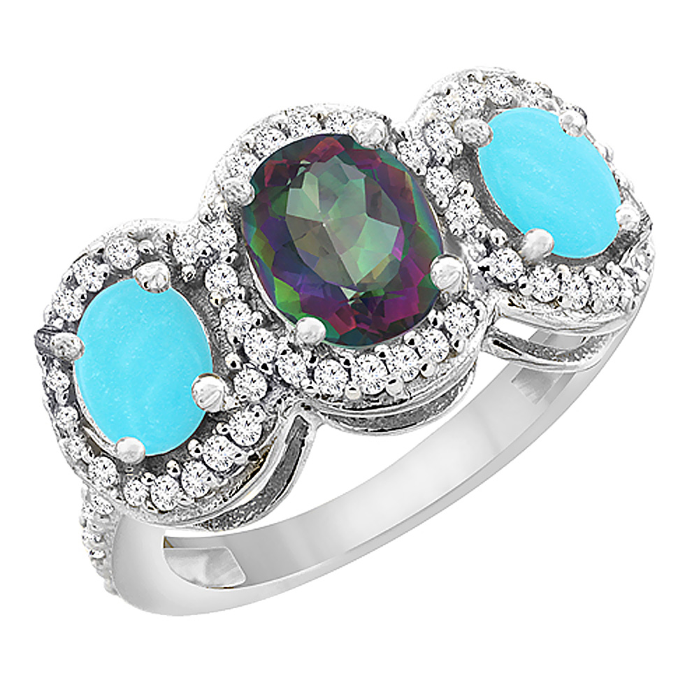 14K White Gold Natural Mystic Topaz & Turquoise 3-Stone Ring Oval Diamond Accent, sizes 5 - 10