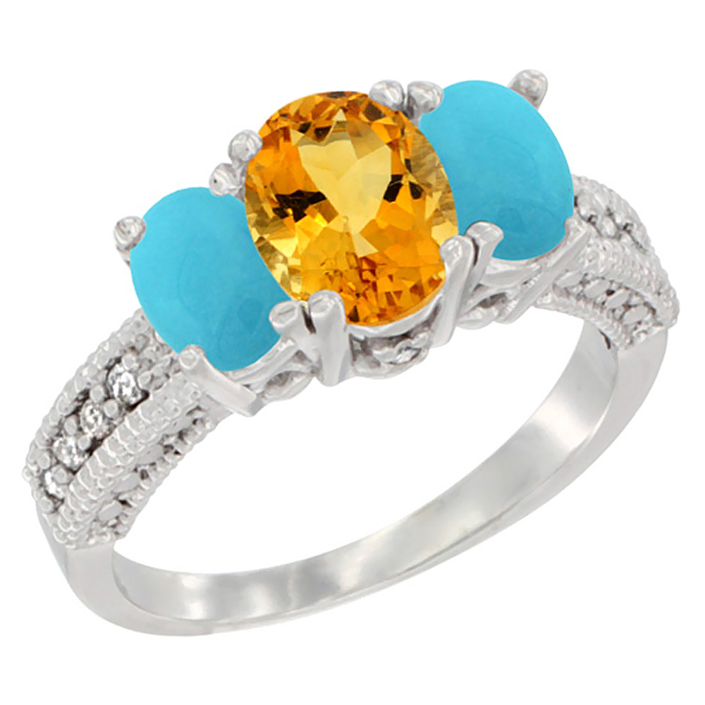 14K White Gold Diamond Natural Citrine Ring Oval 3-stone with Turquoise, sizes 5 - 10