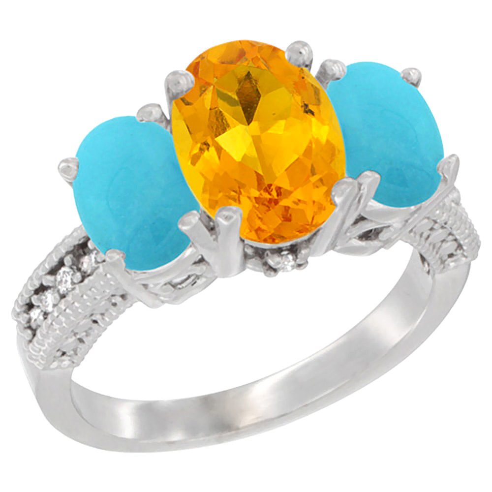 14K White Gold Diamond Natural Citrine Ring 3-Stone Oval 8x6mm with Turquoise, sizes5-10