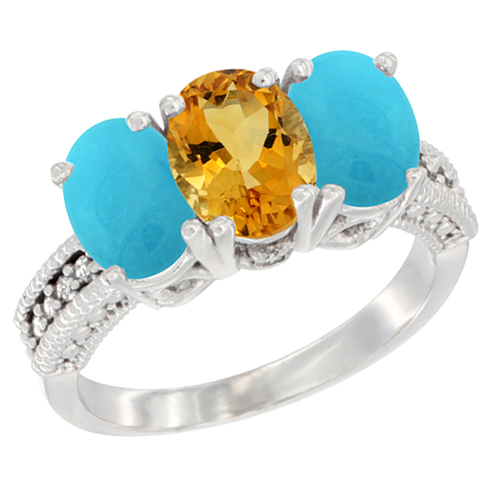 14K White Gold Natural Citrine &amp; Turquoise Sides Ring 3-Stone 7x5 mm Oval Diamond Accent, sizes 5 - 10