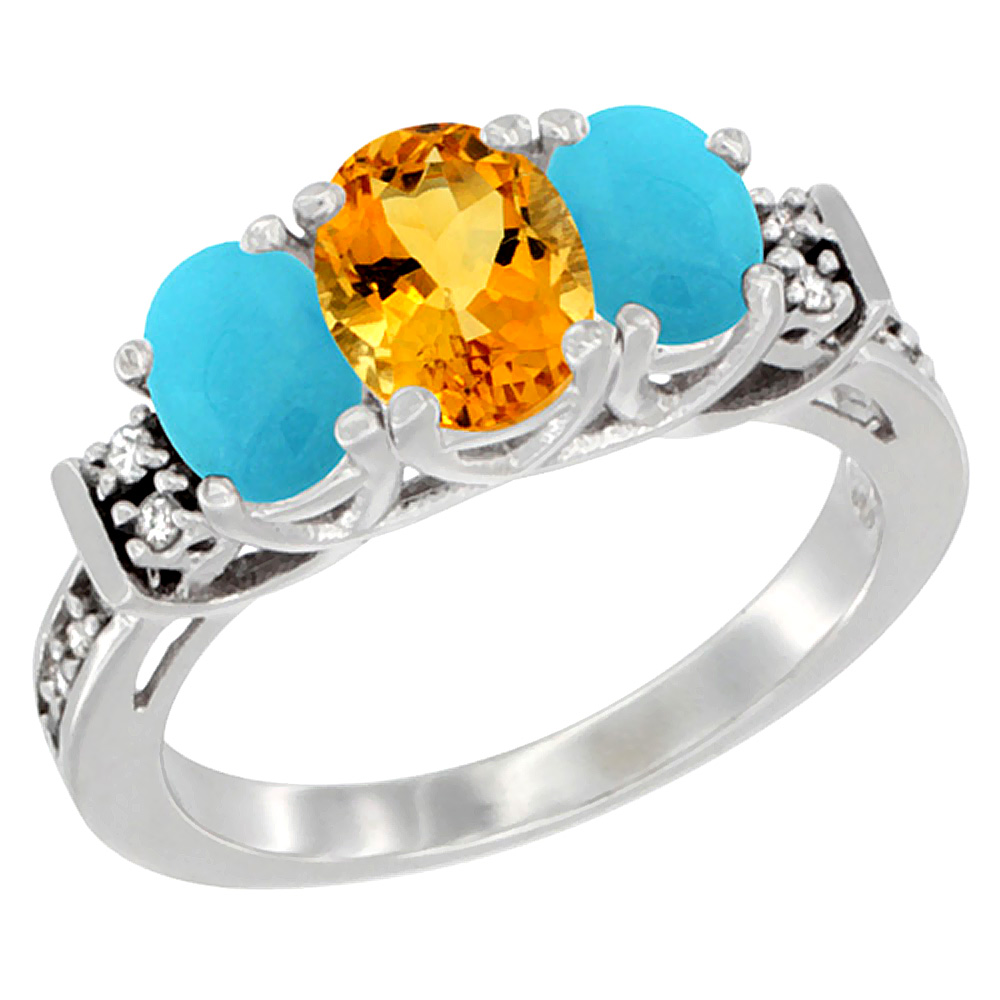 14K White Gold Natural Citrine &amp; Turquoise Ring 3-Stone Oval Diamond Accent, sizes 5-10
