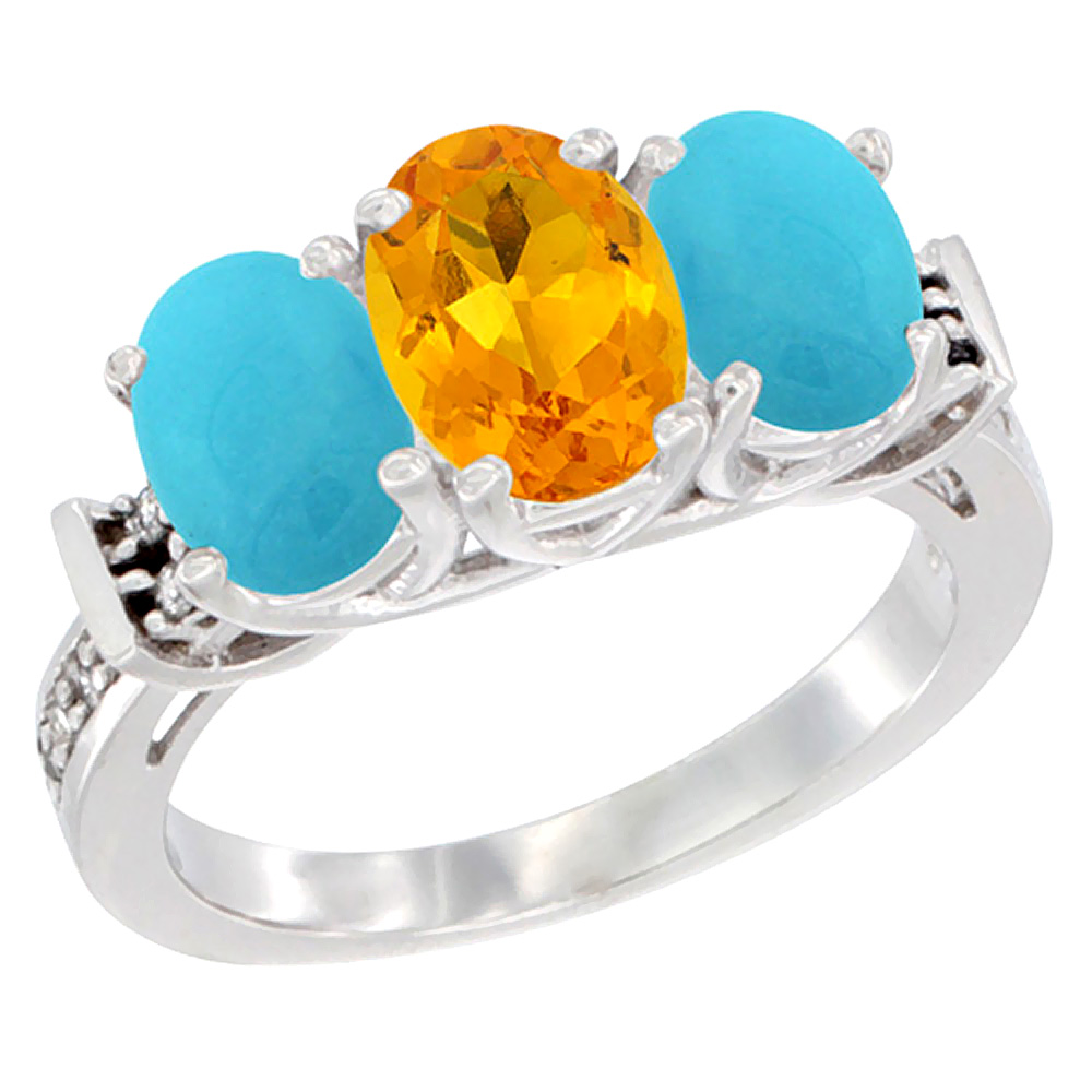 14K White Gold Natural Citrine & Turquoise Sides Ring 3-Stone Oval Diamond Accent, sizes 5 - 10