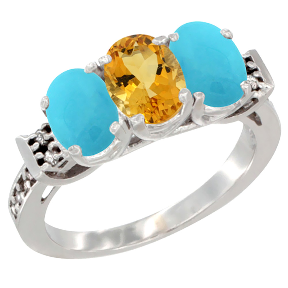 14K White Gold Natural Citrine &amp; Turquoise Sides Ring 3-Stone Oval 7x5 mm Diamond Accent, sizes 5 - 10