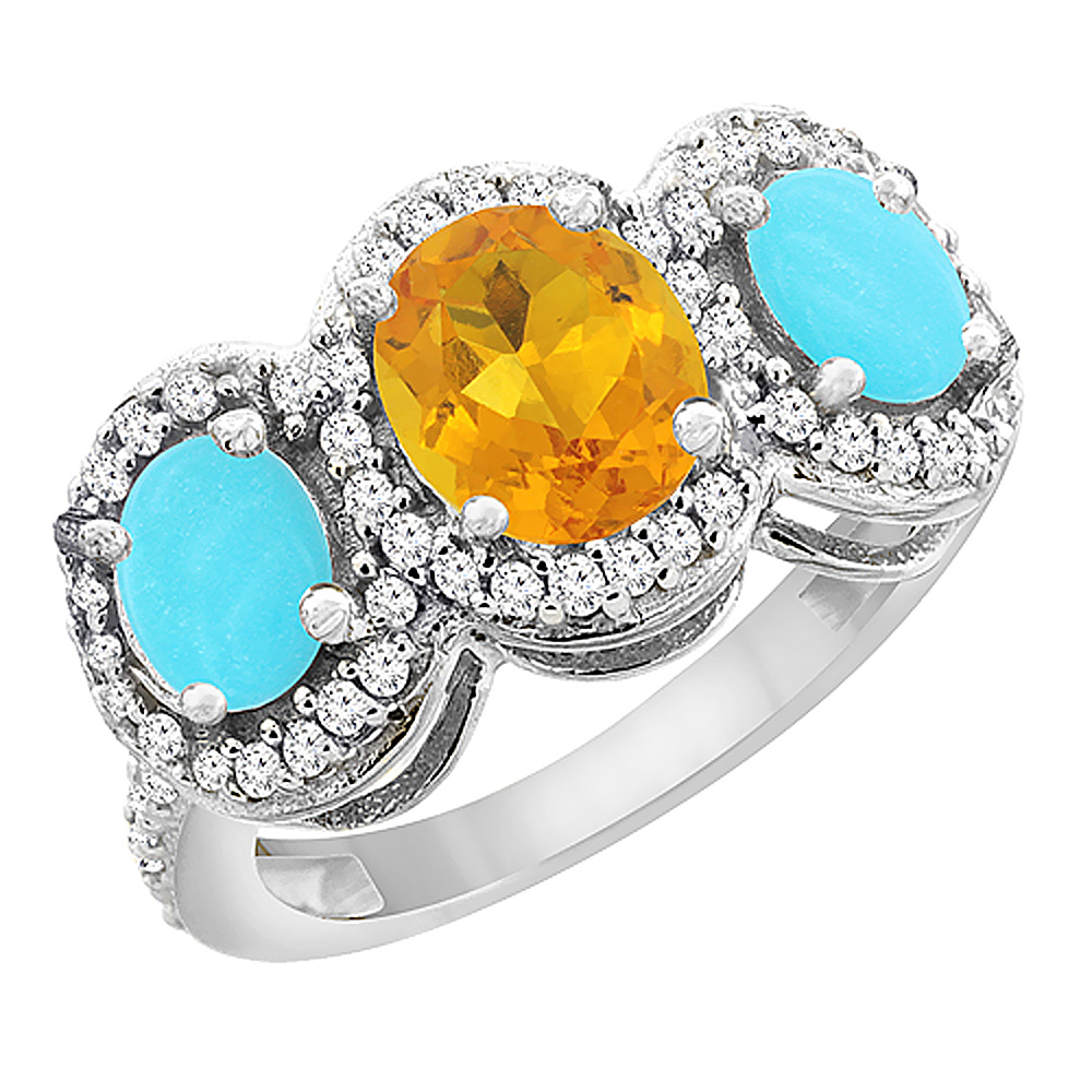 14K White Gold Natural Citrine & Turquoise 3-Stone Ring Oval Diamond Accent, sizes 5 - 10