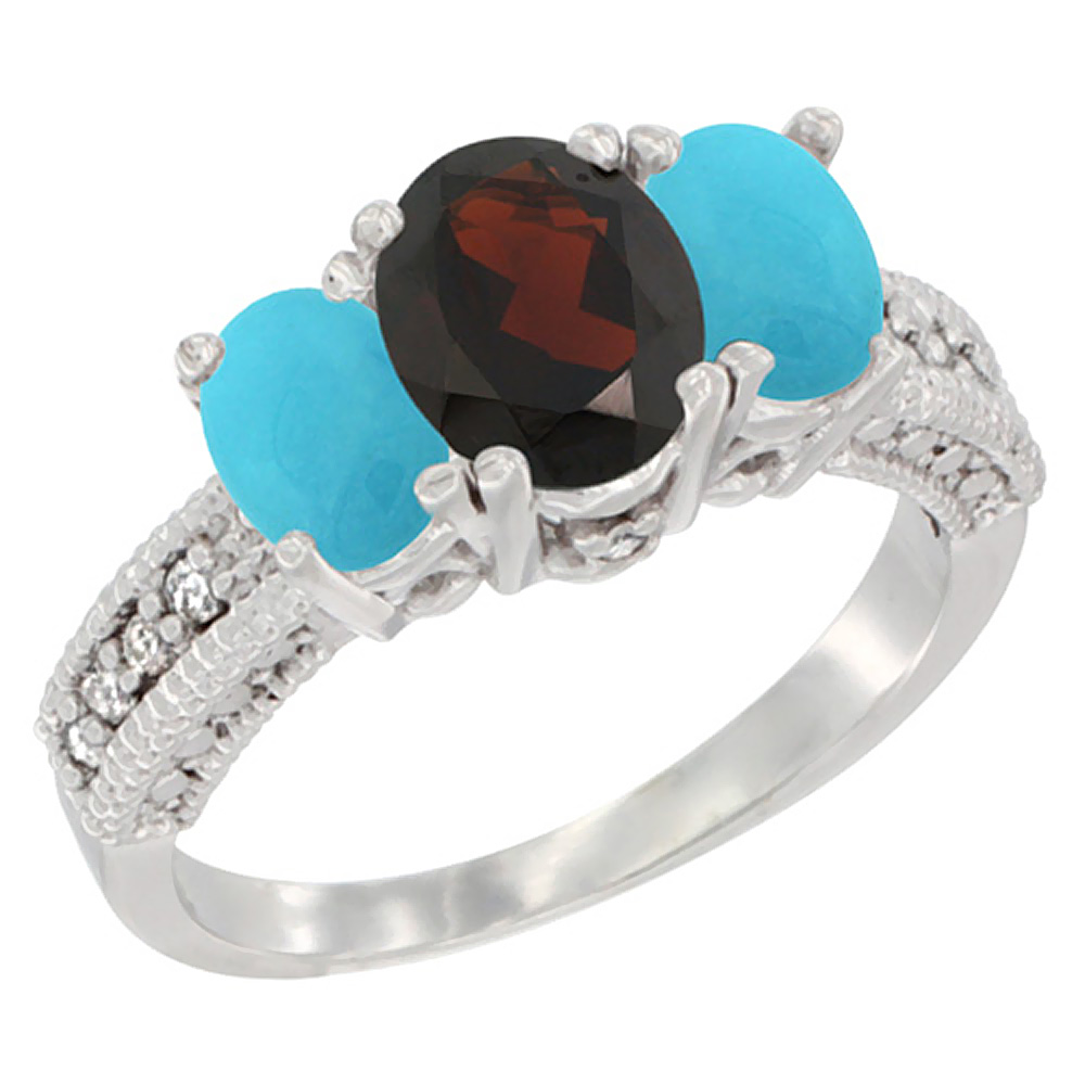 10K White Gold Diamond Natural Garnet Ring Oval 3-stone with Turquoise, sizes 5 - 10