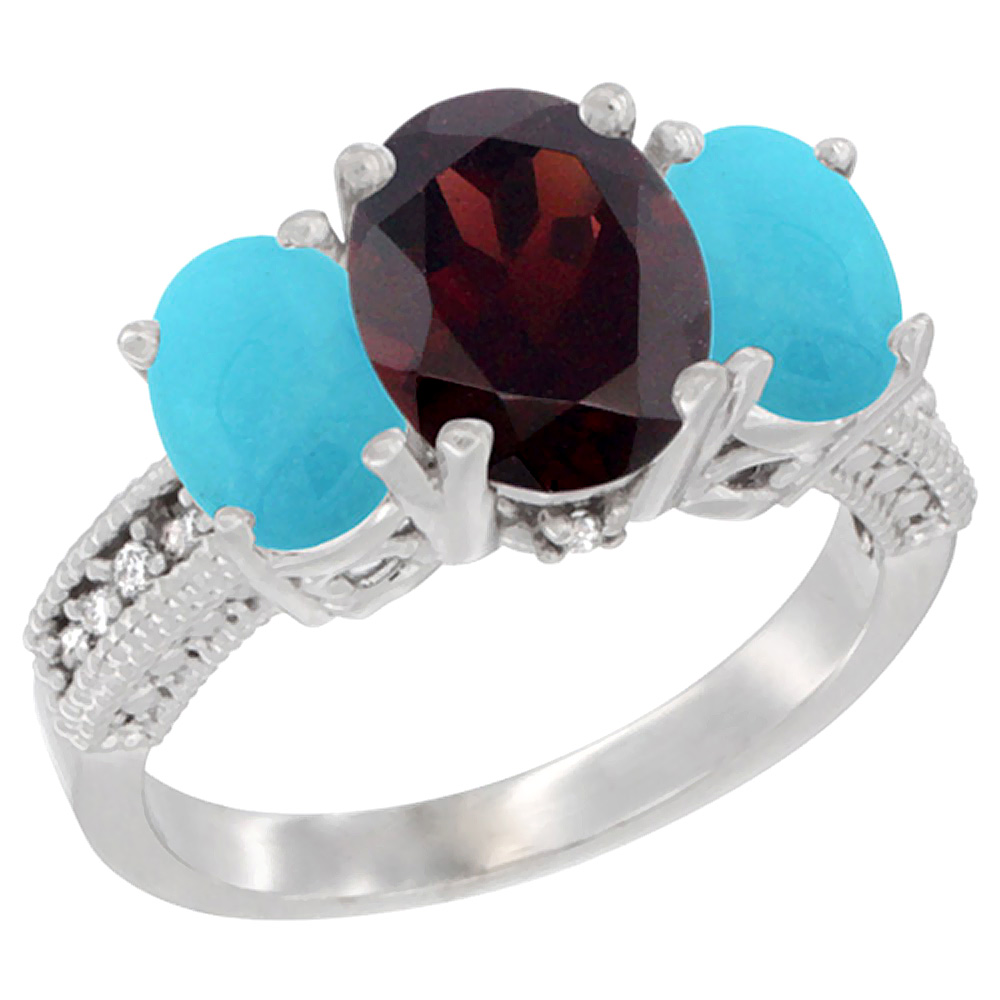 14K White Gold Diamond Natural Garnet Ring 3-Stone Oval 8x6mm with Turquoise, sizes5-10