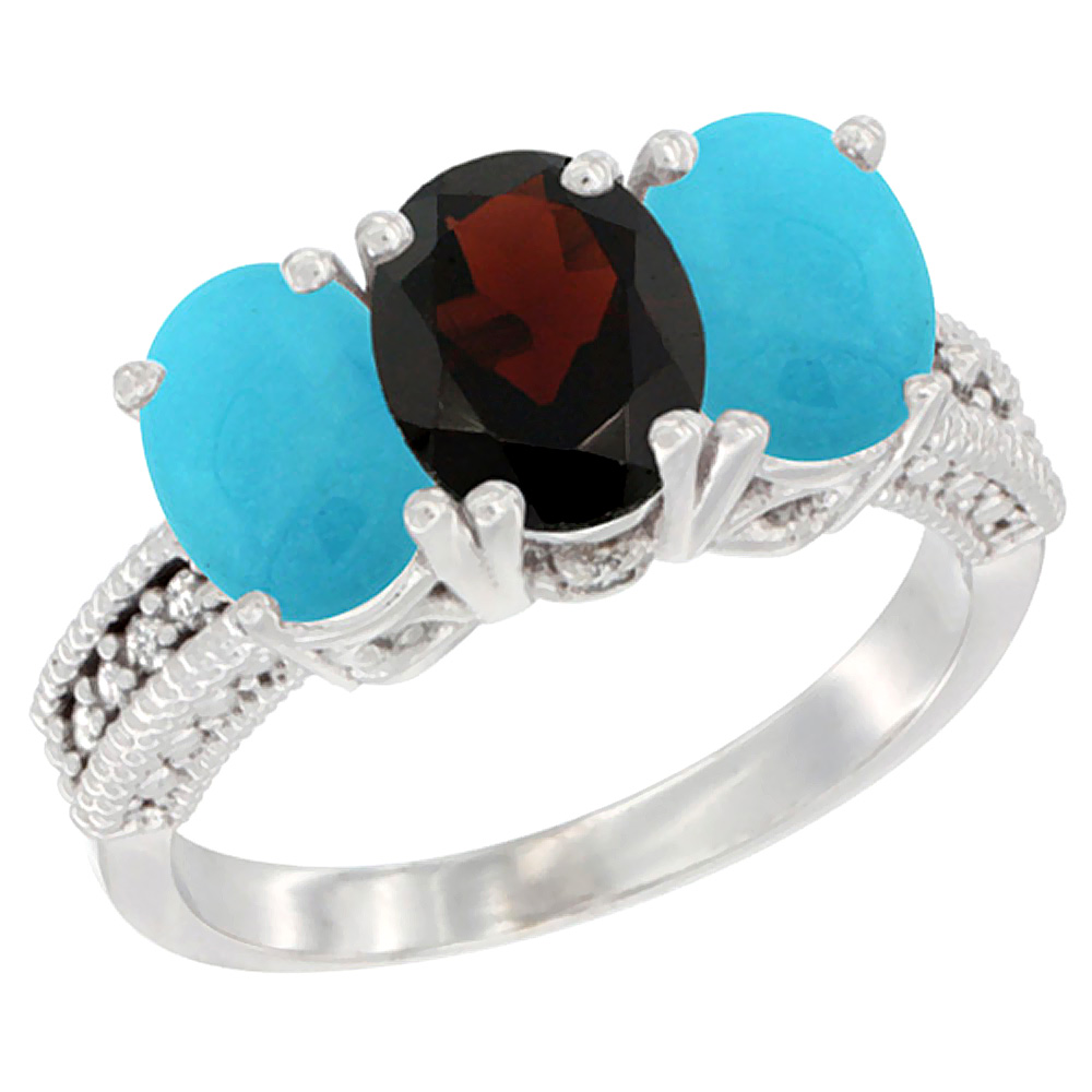 14K White Gold Natural Garnet &amp; Turquoise Sides Ring 3-Stone 7x5 mm Oval Diamond Accent, sizes 5 - 10