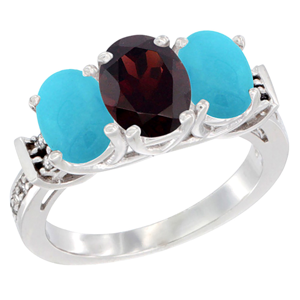 14K White Gold Natural Garnet &amp; Turquoise Sides Ring 3-Stone Oval Diamond Accent, sizes 5 - 10