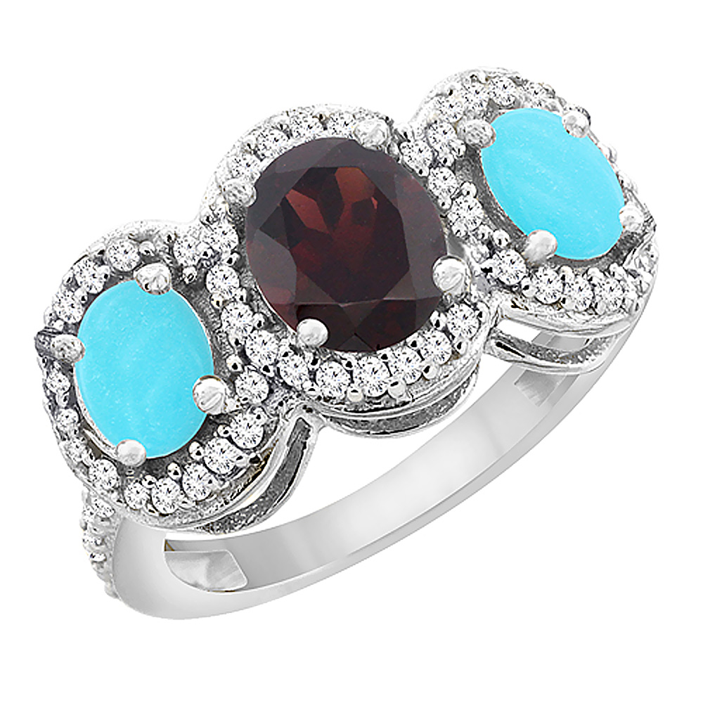 10K White Gold Natural Garnet & Turquoise 3-Stone Ring Oval Diamond Accent, sizes 5 - 10