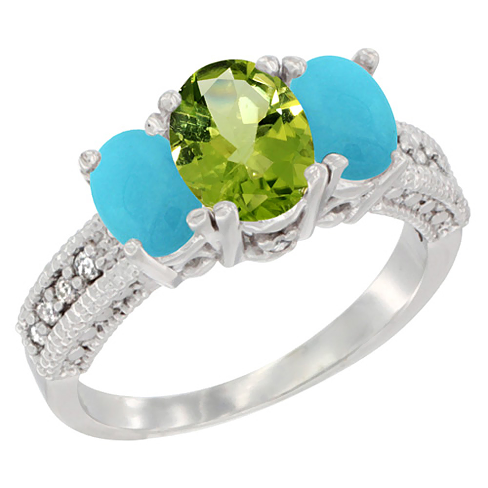 14K White Gold Diamond Natural Peridot Ring Oval 3-stone with Turquoise, sizes 5 - 10