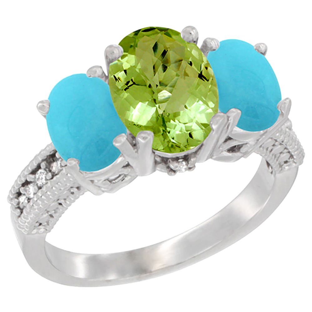 14K White Gold Diamond Natural Peridot Ring 3-Stone Oval 8x6mm with Turquoise, sizes5-10