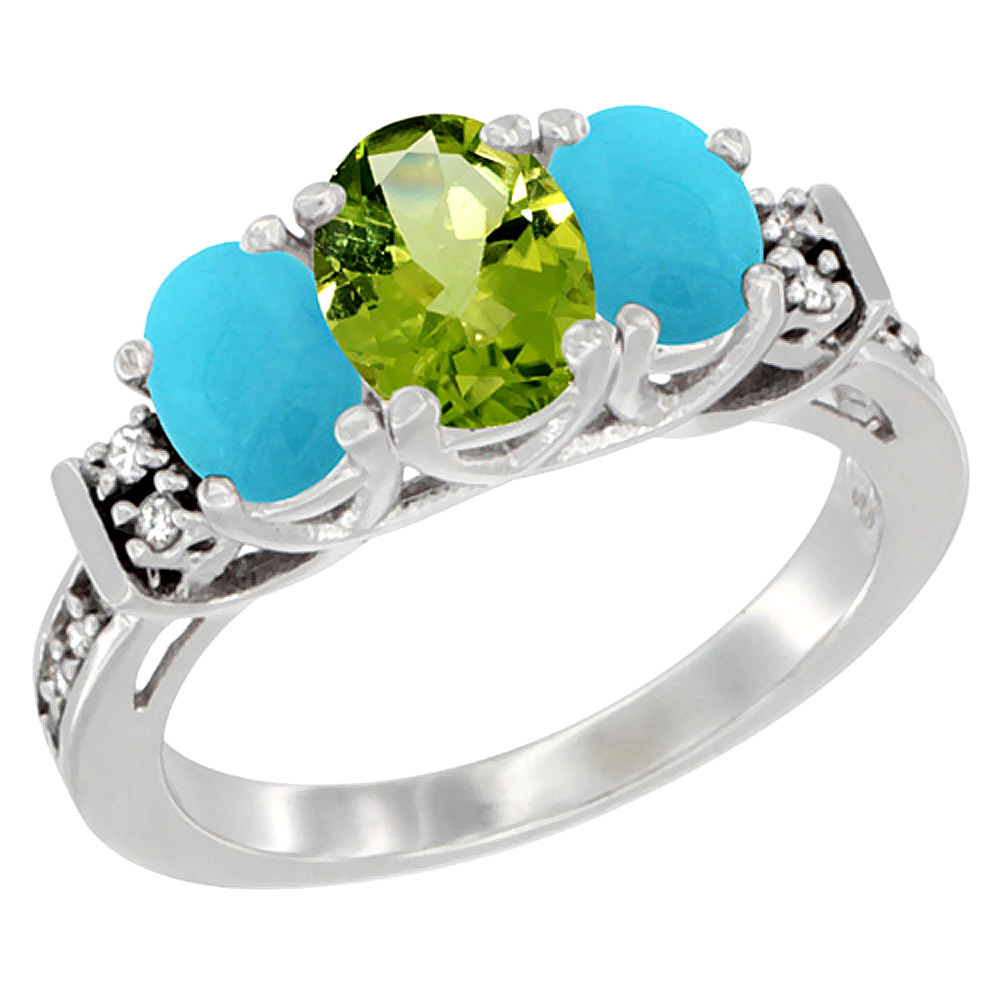 14K White Gold Natural Peridot & Turquoise Ring 3-Stone Oval Diamond Accent, sizes 5-10