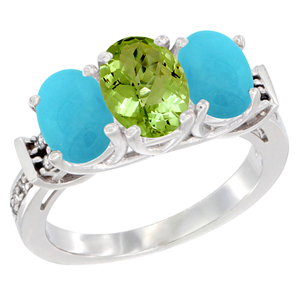 14K White Gold Natural Peridot &amp; Turquoise Sides Ring 3-Stone Oval Diamond Accent, sizes 5 - 10