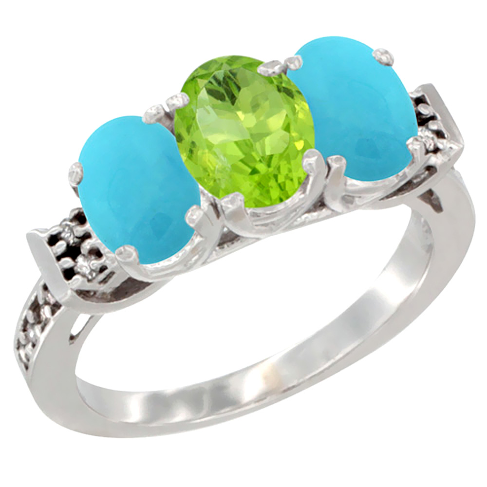 10K White Gold Natural Peridot &amp; Turquoise Sides Ring 3-Stone Oval 7x5 mm Diamond Accent, sizes 5 - 10