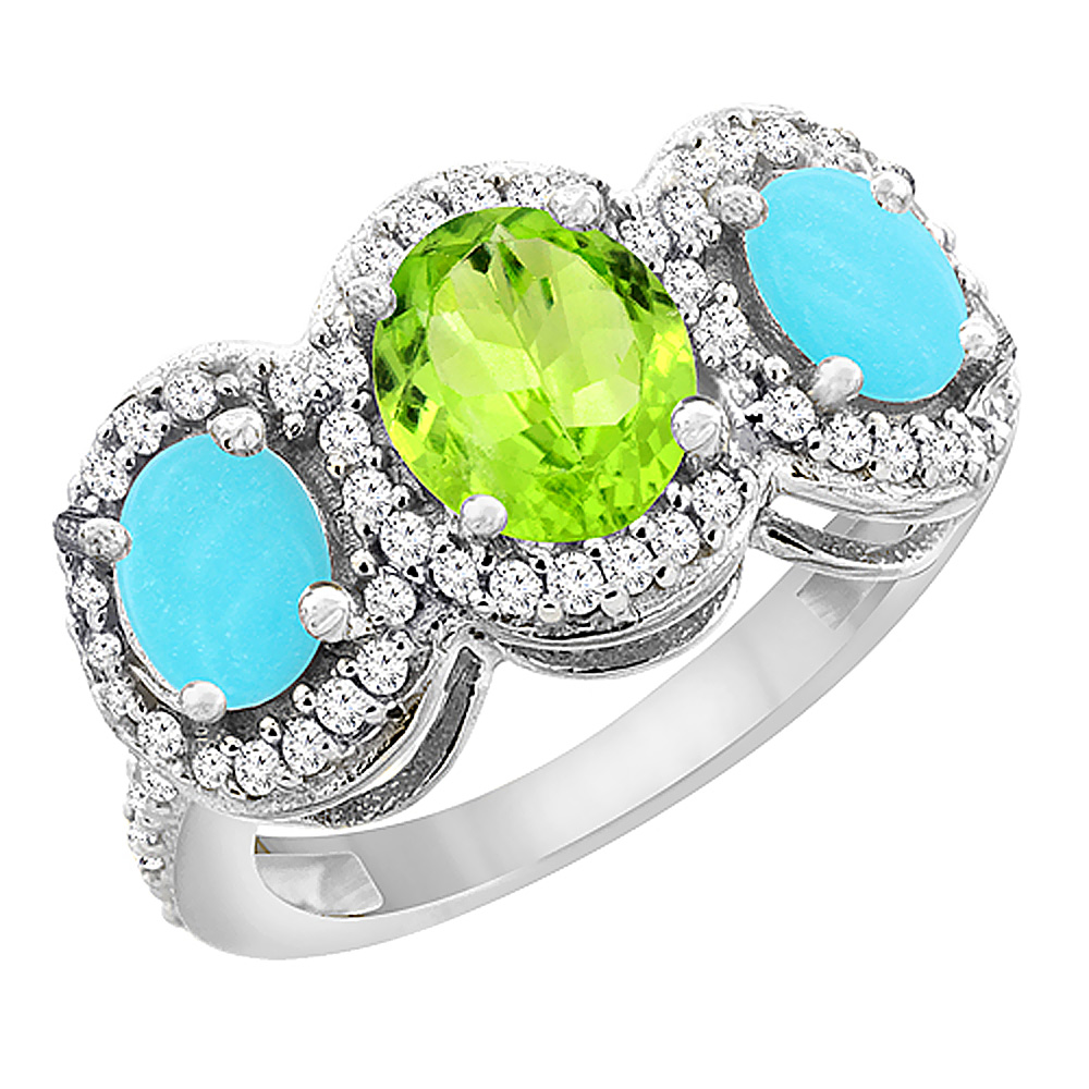 10K White Gold Natural Peridot &amp; Turquoise 3-Stone Ring Oval Diamond Accent, sizes 5 - 10
