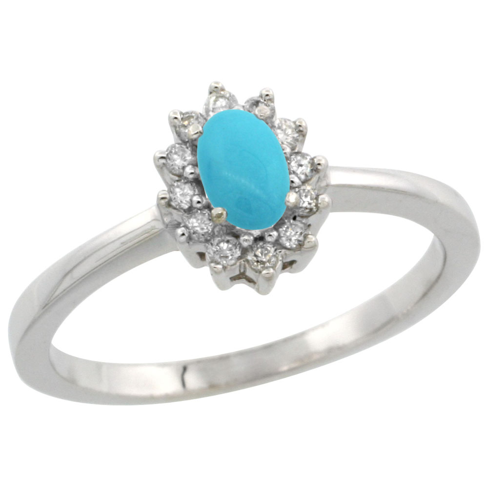 14K White Gold Natural Turquoise Ring Oval 5x3mm Diamond Halo, sizes 5-10