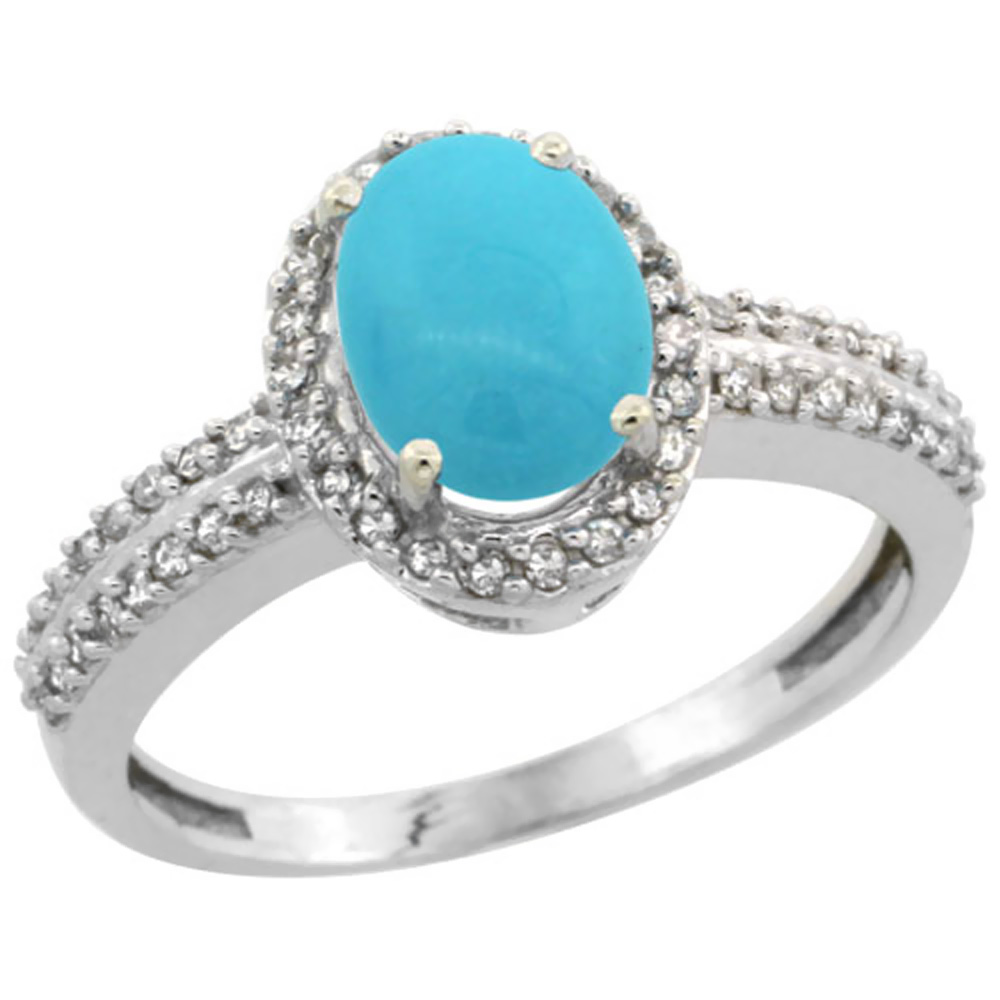 10k White Gold Natural Turquoise Ring Oval 8x6mm Diamond Halo, sizes 5-10