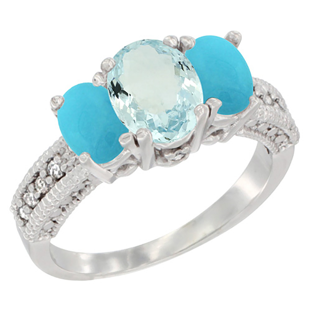 14K White Gold Diamond Natural Aquamarine Ring Oval 3-stone with Turquoise, sizes 5 - 10