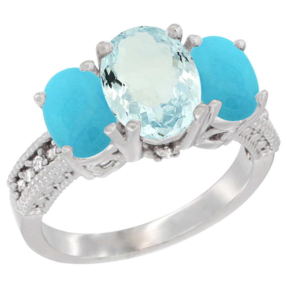 10K White Gold Diamond Natural Aquamarine Ring 3-Stone Oval 8x6mm with Turquoise, sizes5-10