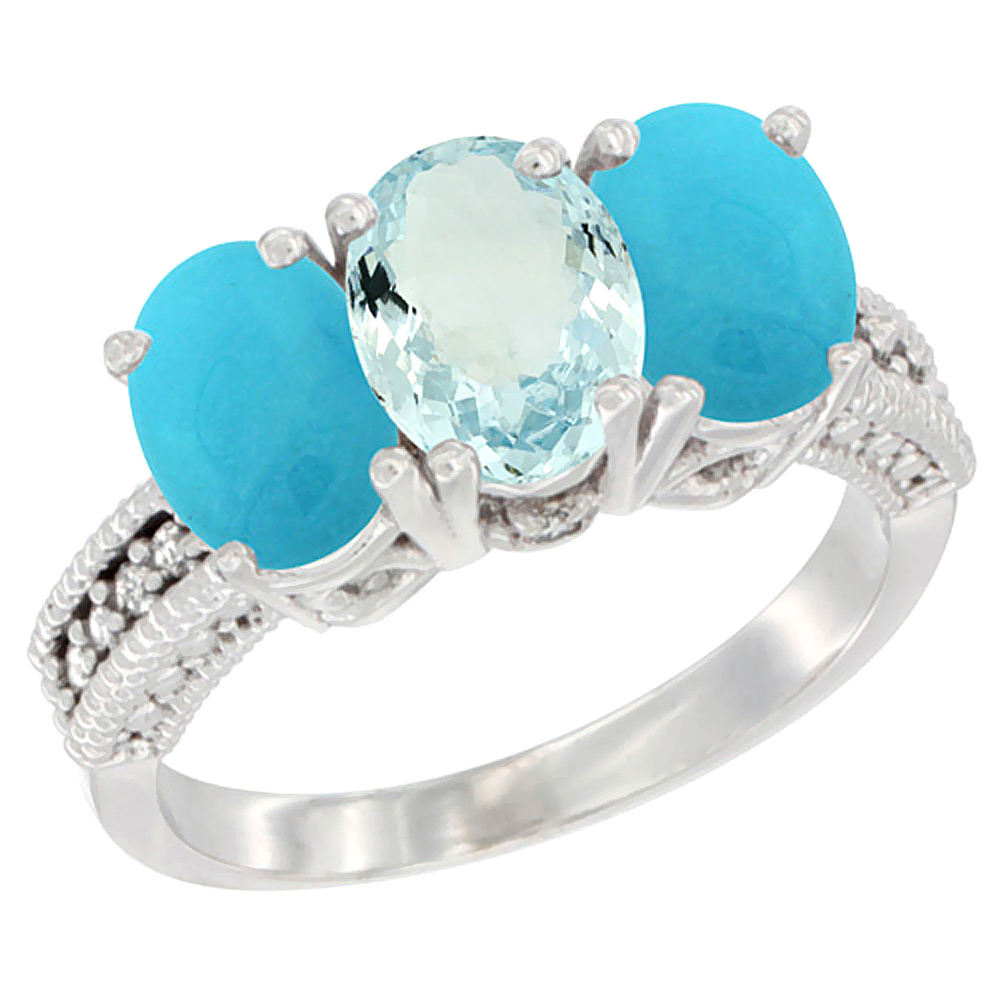 14K White Gold Natural Aquamarine &amp; Turquoise Sides Ring 3-Stone 7x5 mm Oval Diamond Accent, sizes 5 - 10