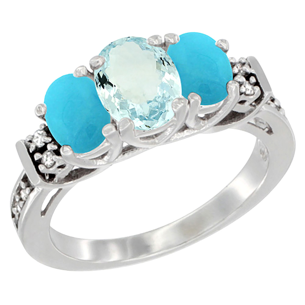 14K White Gold Natural Aquamarine & Turquoise Ring 3-Stone Oval Diamond Accent, sizes 5-10