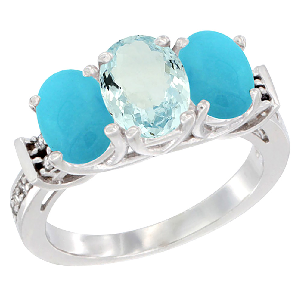 10K White Gold Natural Aquamarine & Turquoise Sides Ring 3-Stone Oval Diamond Accent, sizes 5 - 10