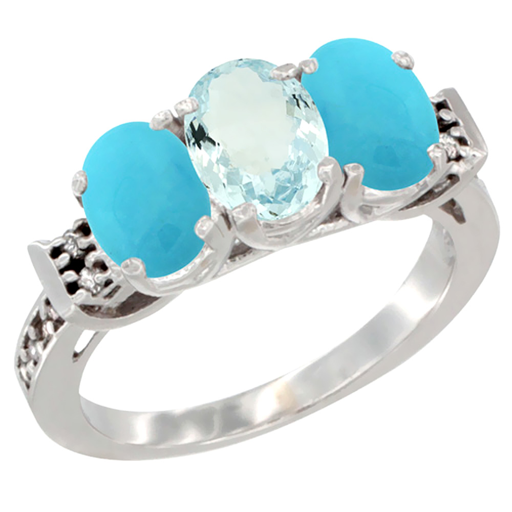 10K White Gold Natural Aquamarine &amp; Turquoise Sides Ring 3-Stone Oval 7x5 mm Diamond Accent, sizes 5 - 10
