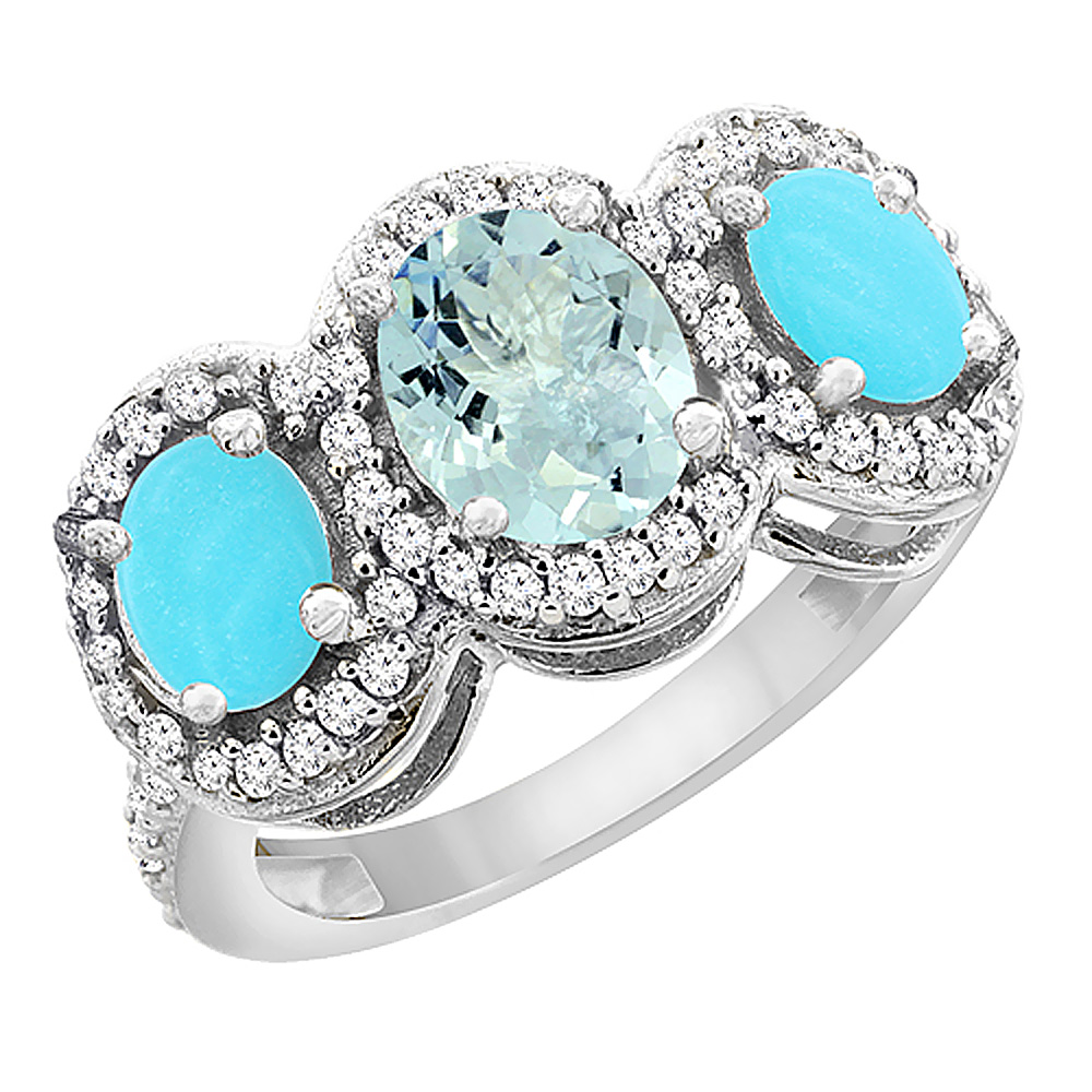 14K White Gold Natural Aquamarine & Turquoise 3-Stone Ring Oval Diamond Accent, sizes 5 - 10