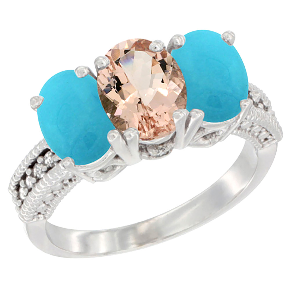 14K White Gold Natural Morganite & Turquoise Sides Ring 3-Stone 7x5 mm Oval Diamond Accent, sizes 5 - 10