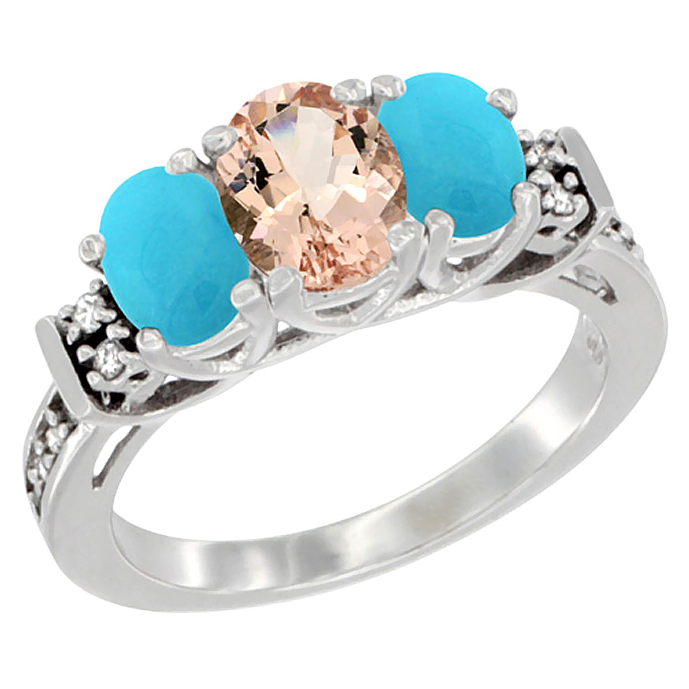 14K White Gold Natural Morganite & Turquoise Ring 3-Stone Oval Diamond Accent, sizes 5-10