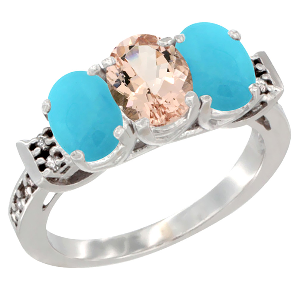 10K White Gold Natural Morganite &amp; Turquoise Sides Ring 3-Stone Oval 7x5 mm Diamond Accent, sizes 5 - 10