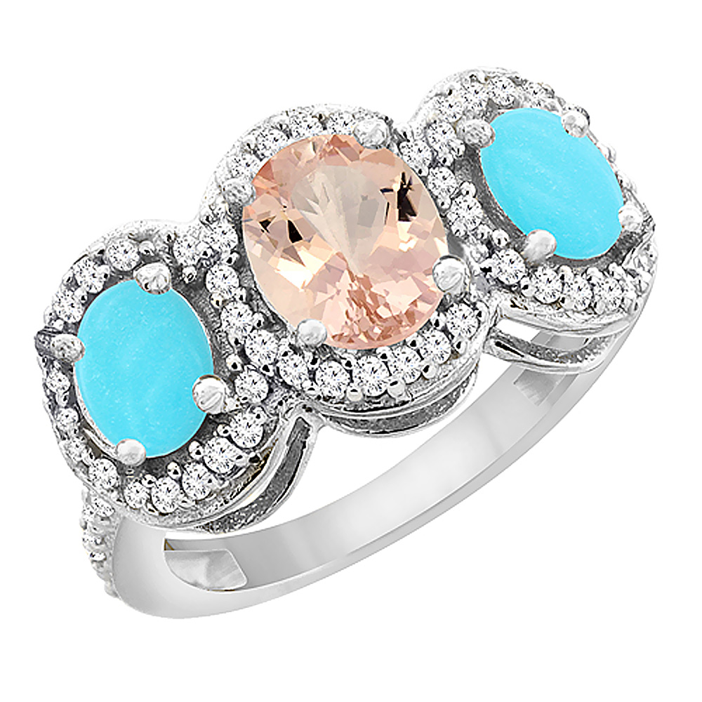 14K White Gold Natural Morganite &amp; Turquoise 3-Stone Ring Oval Diamond Accent, sizes 5 - 10