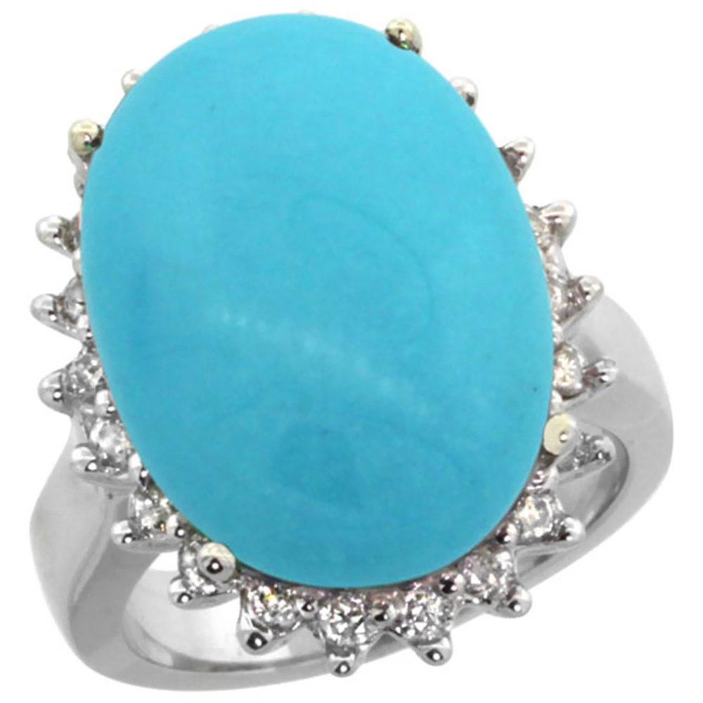 14k White Gold Diamond Halo Natural Turquoise Ring Large Oval 18x13mm, sizes 5-10
