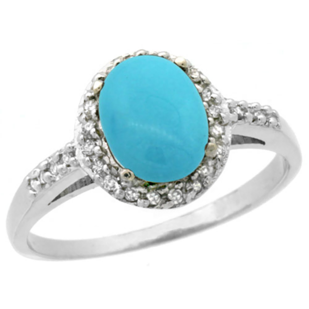 14K White Gold Natural Diamond Sleeping Beauty Turquoise Ring Oval 8x6mm, sizes 5-10